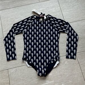 🦞🆕Vineyard Vines Navy Long Sleeve Lobster Swimsuit Ruffle Trim, 14 (Large)🦞